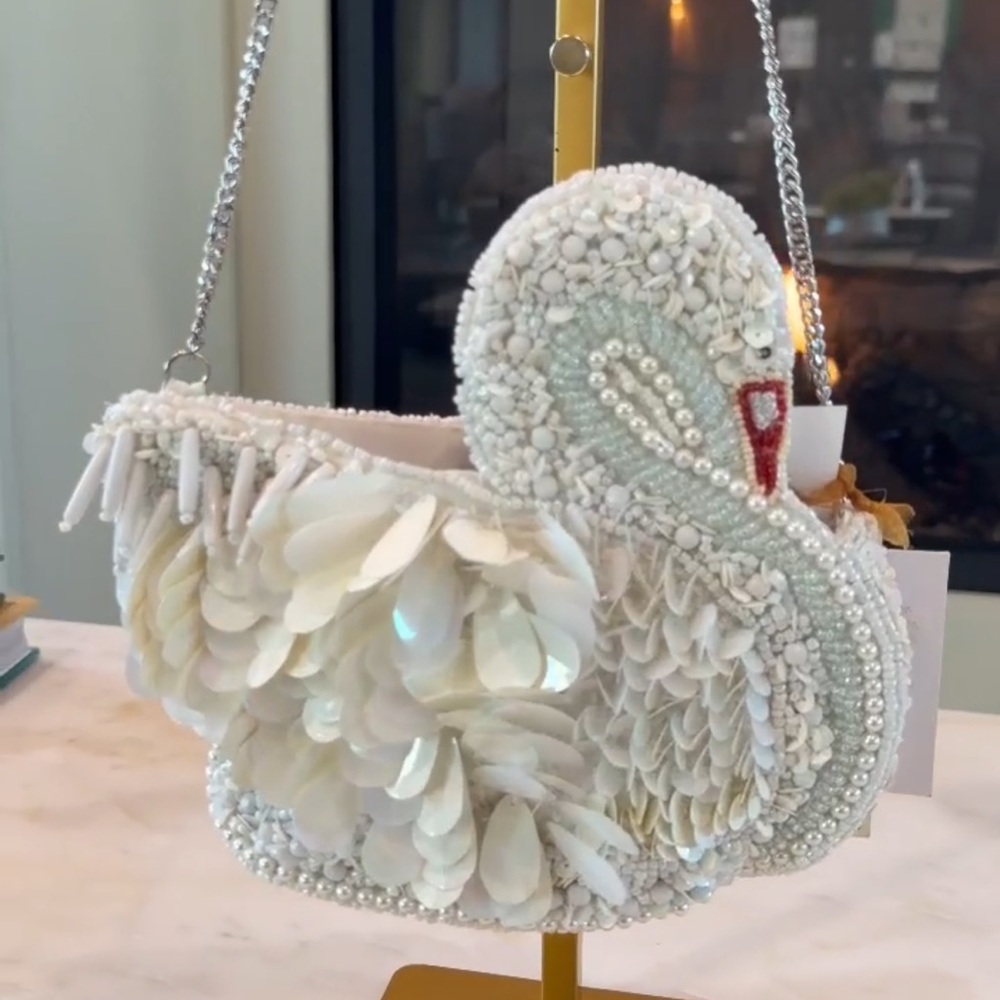 Handcrafted Beaded White Swan Bag